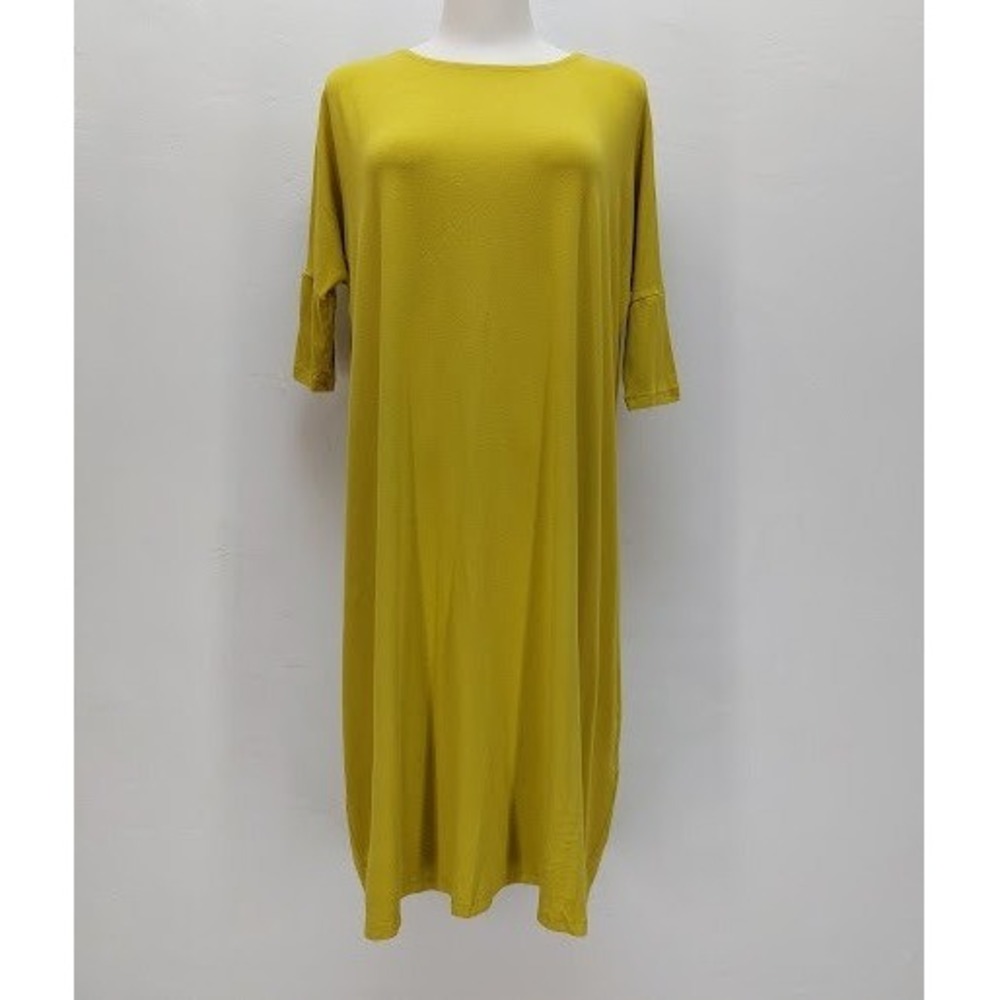Mimu Maxi Shift Dress Women's XS Chartreuse Yellow Modest Midi Viscose Lagenlook